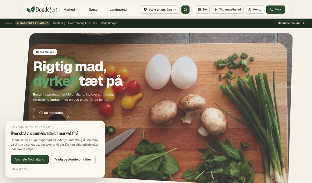 Bondelyst-forsiden med lokale gårde og ugens marked